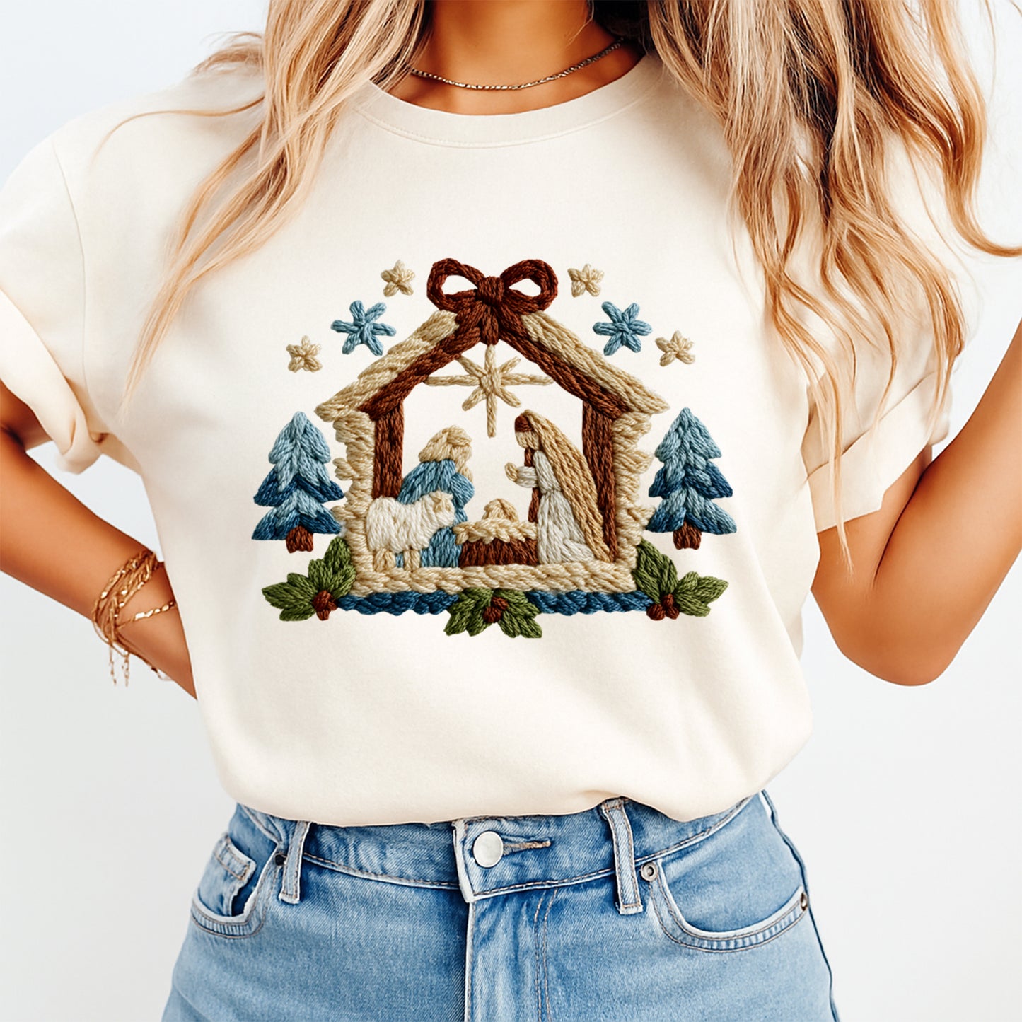 Christmas Nativity Scene with Blue Trees DTF Transfer – Ready to Press Iron On Heat Transfer for DIY Christmas Shirts 12206