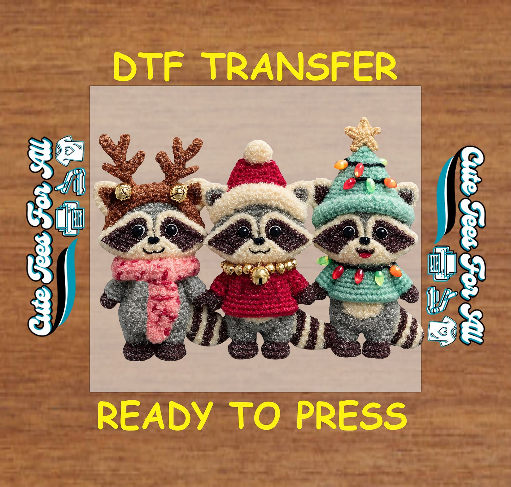 crochet christmas raccoon trio ready to press dtf iron on heat transfer for diy christmas shirts