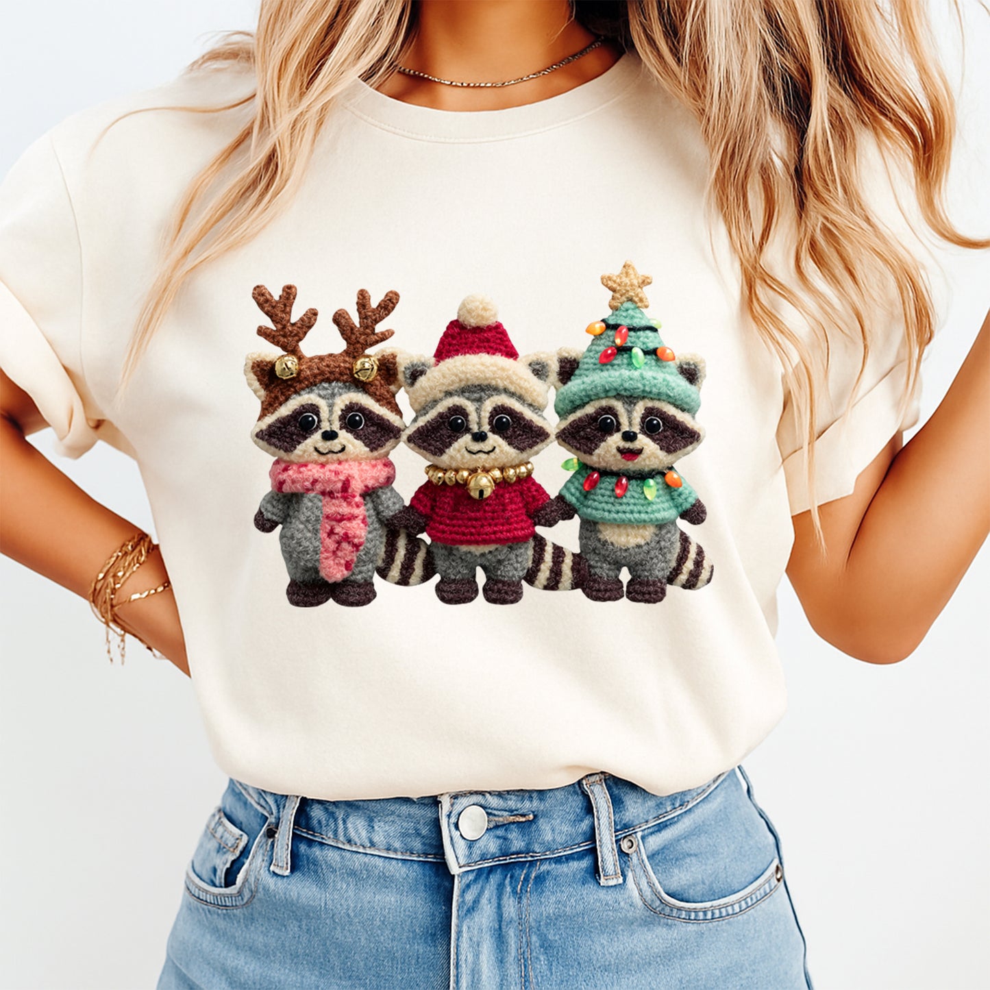 Christmas Raccoon Trio Holiday Outfits DTF Transfer – Ready to Press Iron On Heat Transfer for DIY Christmas Shirts 12208