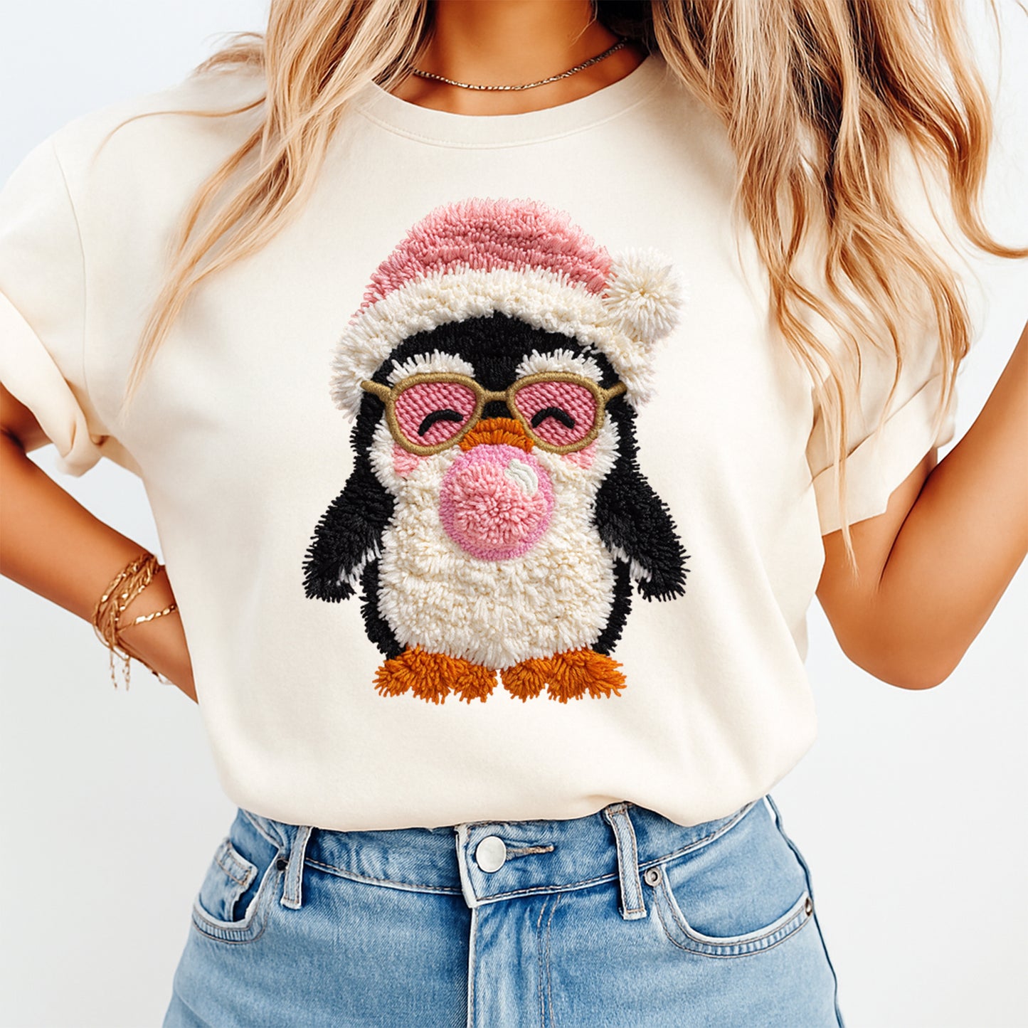 Christmas Penguin with Pink Winter Hat DTF Transfer – Ready to Press Iron On Heat Transfer for DIY Christmas Shirts 12209