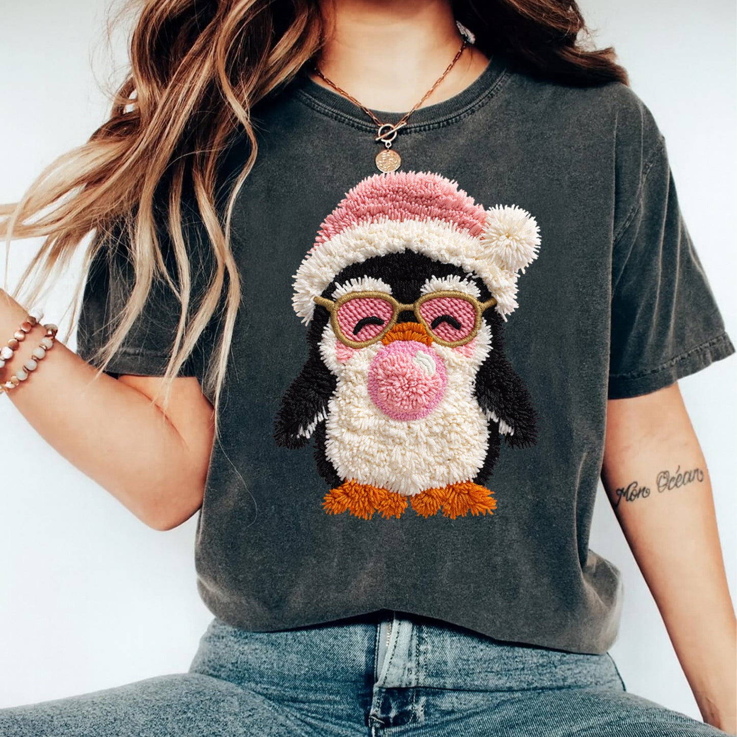 Christmas Penguin with Pink Winter Hat DTF Transfer – Ready to Press Iron On Heat Transfer for DIY Christmas Shirts 12209