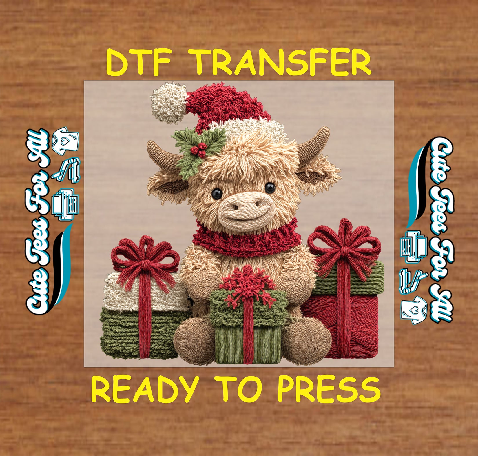 crochet christmas highland cow with gift boxes ready to press dtf iron on heat transfer for diy christmas shirts