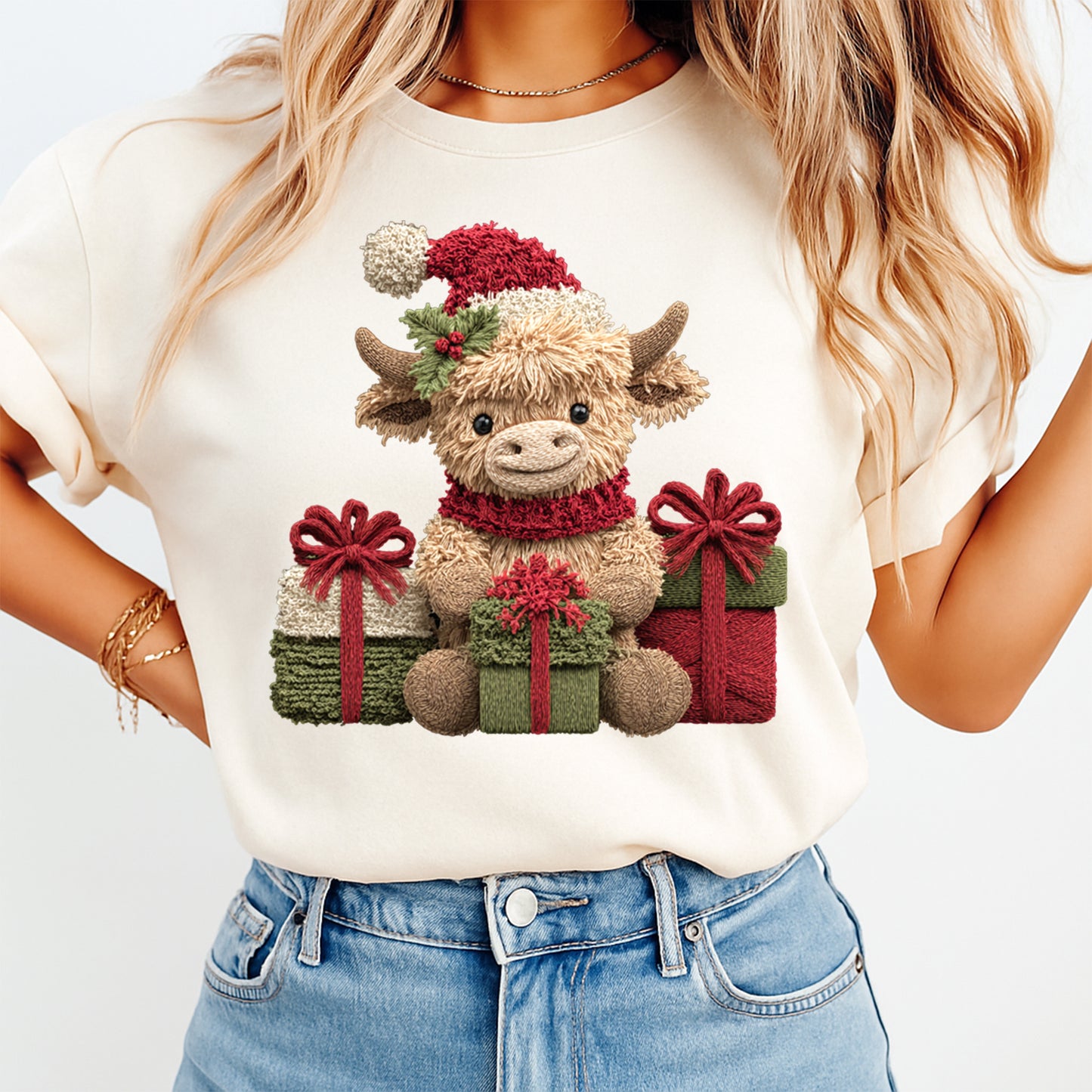 Christmas Highland Cow with Gift Boxes DTF Transfer – Ready to Press Iron On Heat Transfer for DIY Christmas Shirts 12210