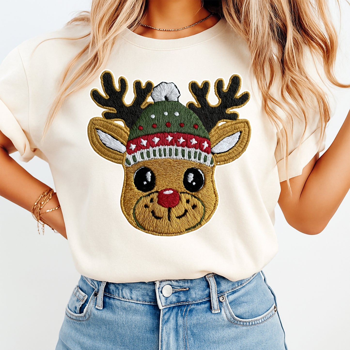 Christmas Reindeer Crochet Beanie DTF Transfer – Ready to Press Iron On Heat Transfer for DIY Christmas Shirts 12211