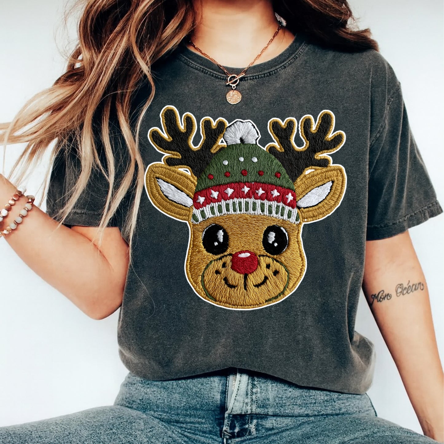 Christmas Reindeer Crochet Beanie DTF Transfer – Ready to Press Iron On Heat Transfer for DIY Christmas Shirts 12211