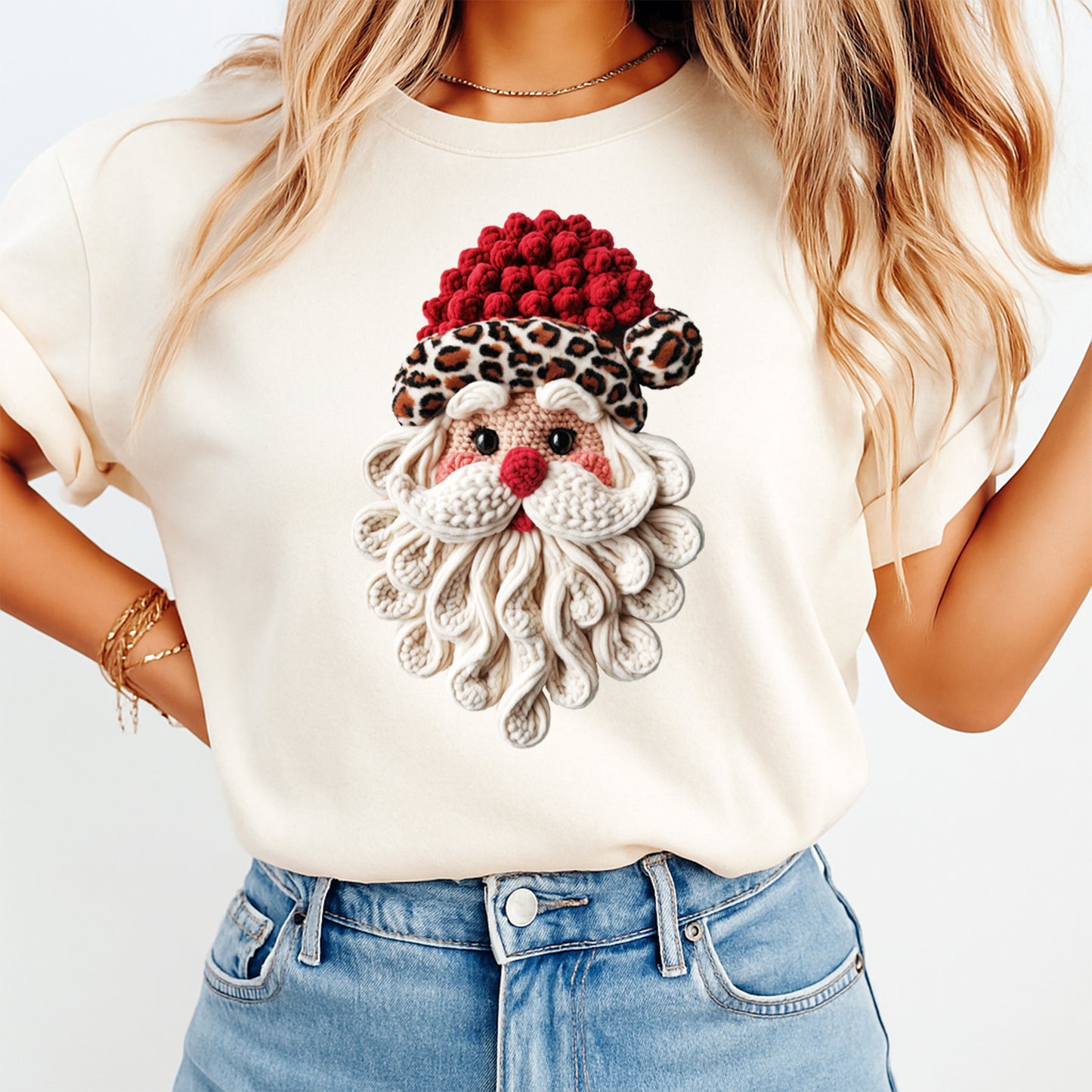 Christmas Leopard Santa Crochet DTF Transfer – Ready to Press Iron On Heat Transfer for DIY Christmas Shirts 12213