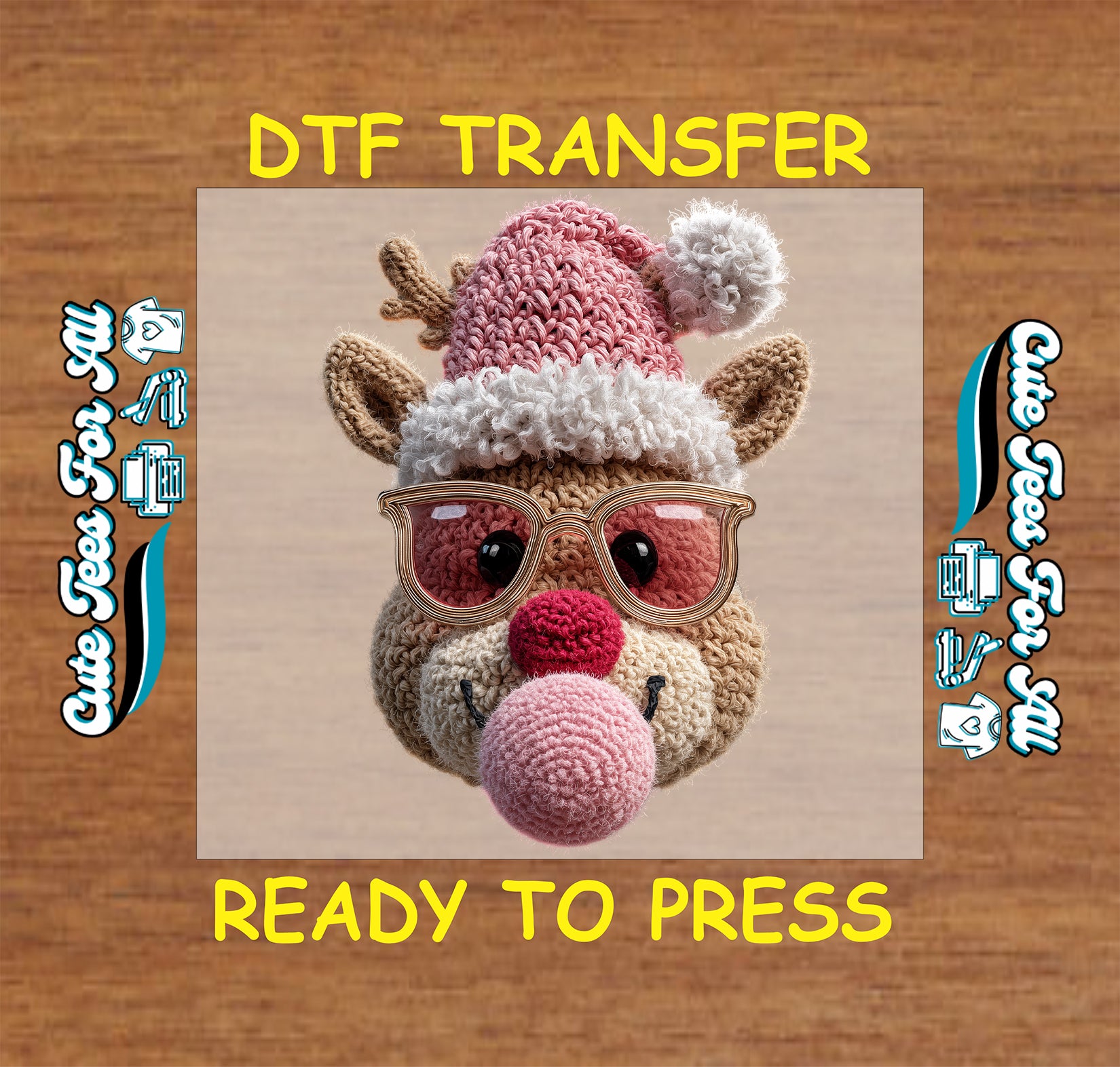 christmas crochet reindeer pink hat glasses ready to press dtf iron on heat transfer for diy christmas shirts