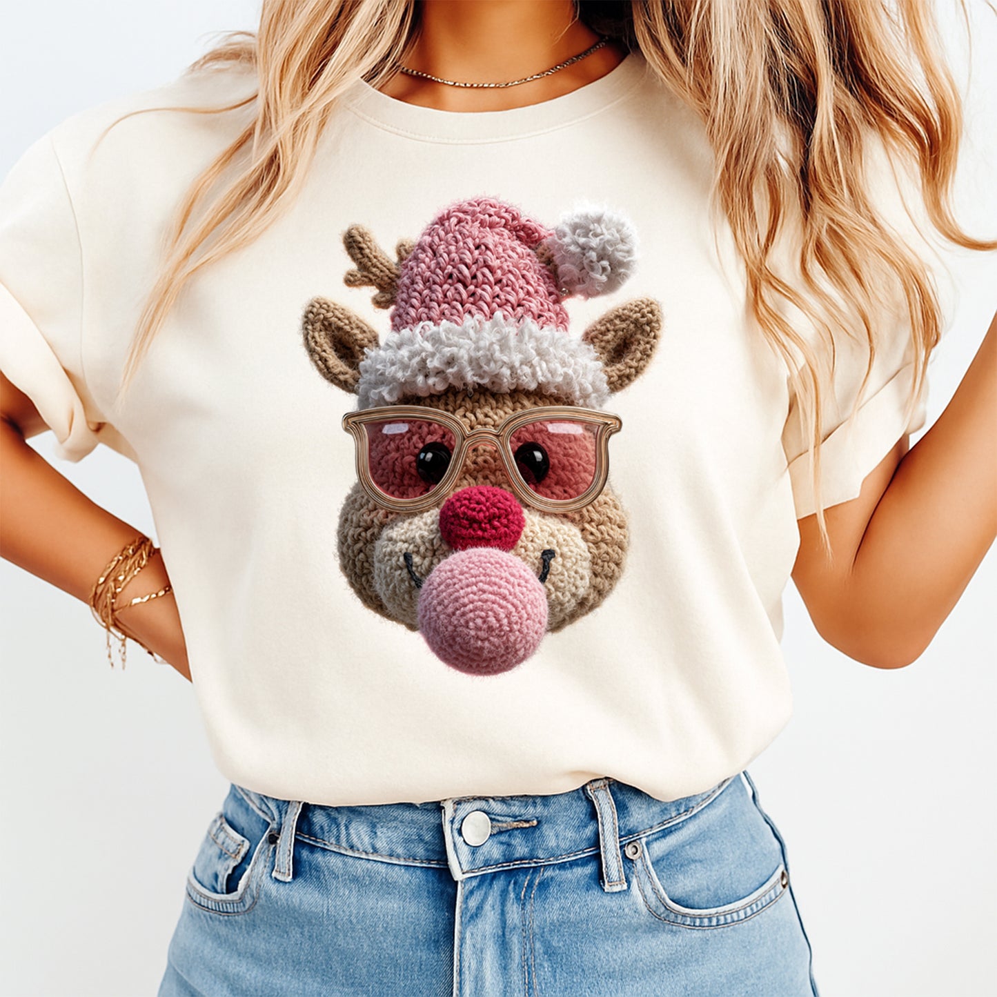 Christmas Crochet Reindeer with Pink Hat DTF Transfer – Ready to Press Iron On Heat Transfer for DIY Christmas Shirts 12214