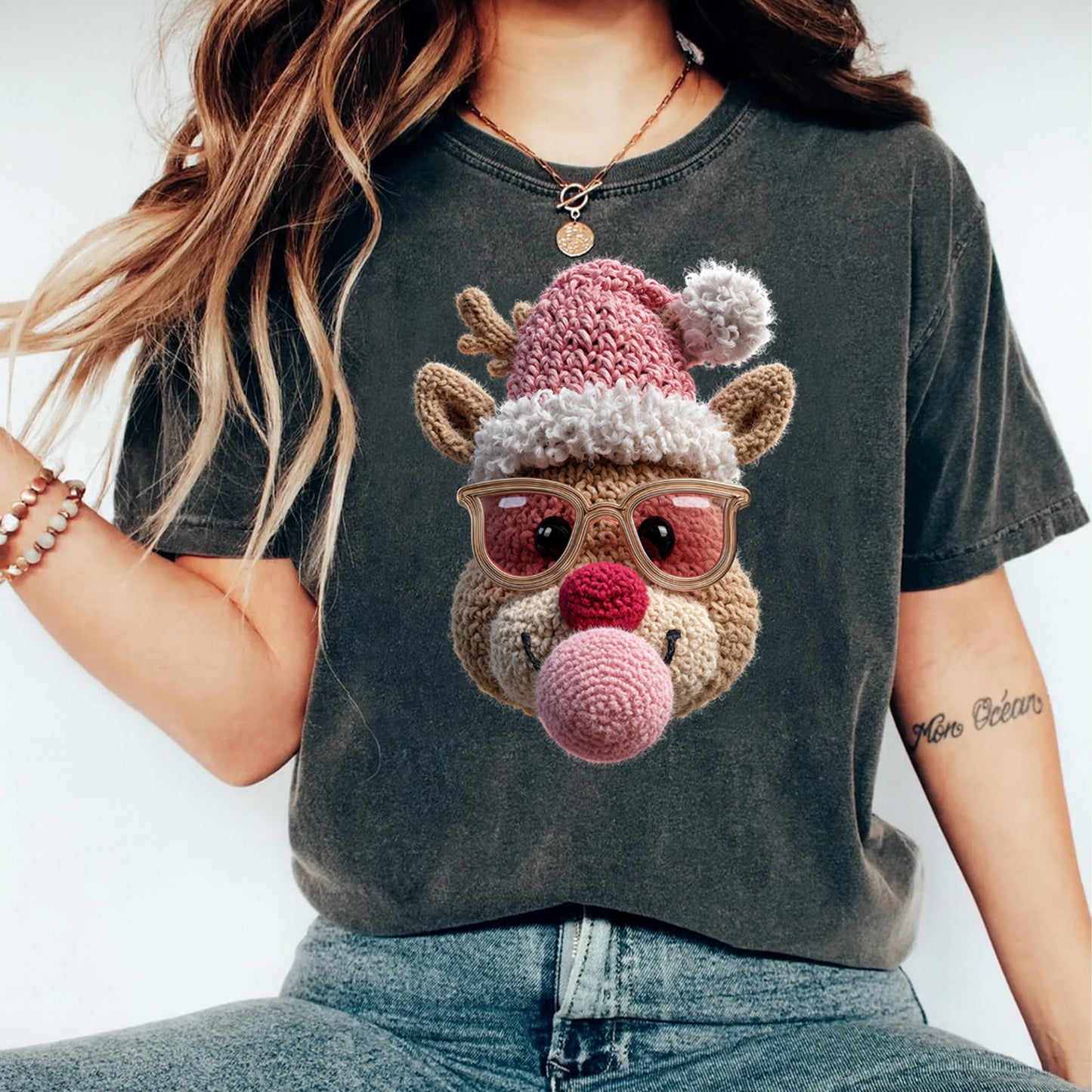 Christmas Crochet Reindeer with Pink Hat DTF Transfer – Ready to Press Iron On Heat Transfer for DIY Christmas Shirts 12214