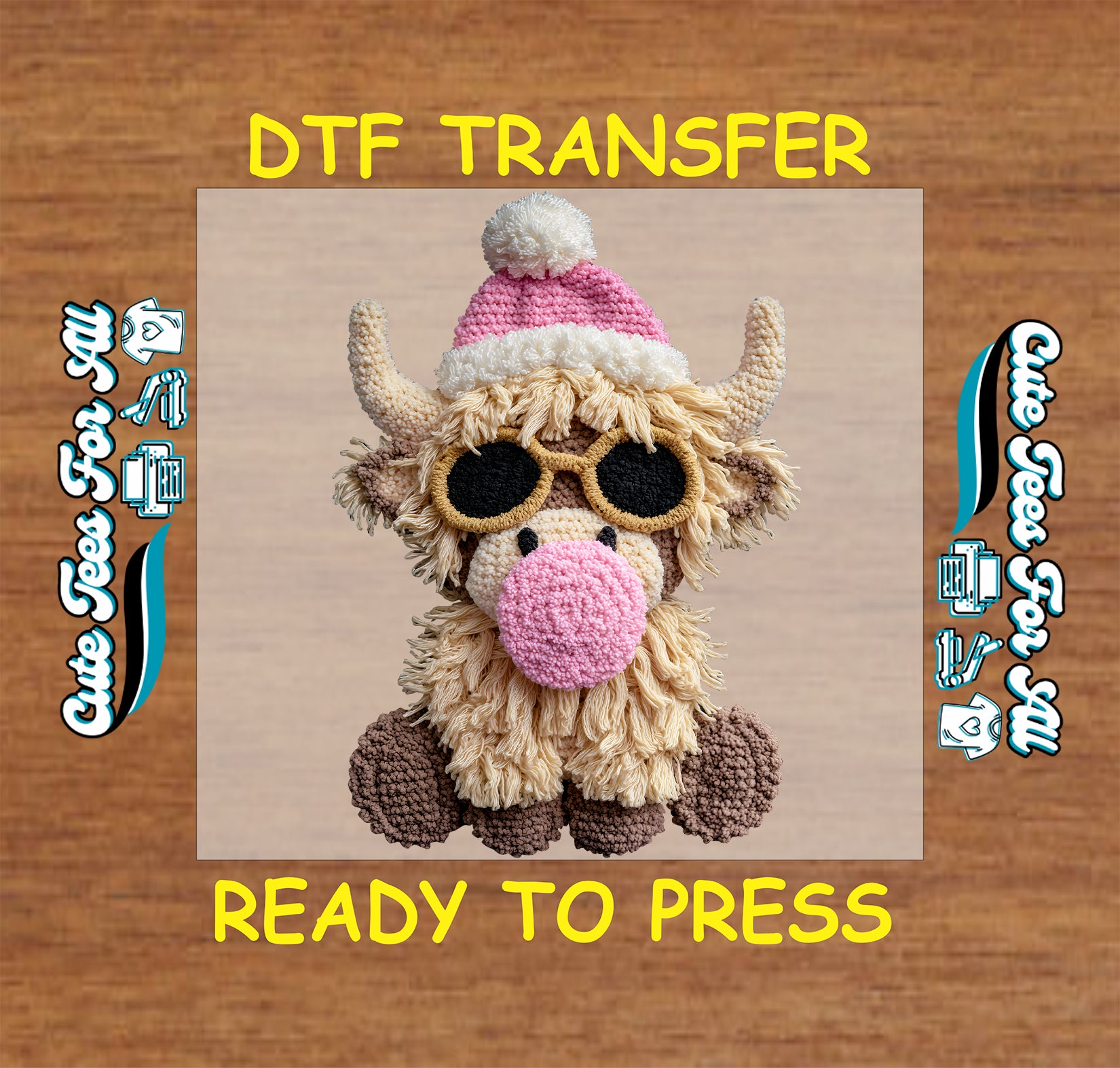 crochet christmas highland cow pink hat sunglasses ready to press dtf iron on heat transfer for diy christmas shirts