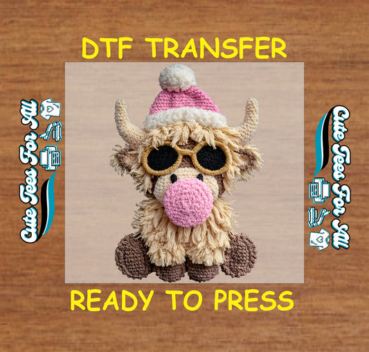 crochet christmas highland cow pink hat sunglasses ready to press dtf iron on heat transfer for diy christmas shirts