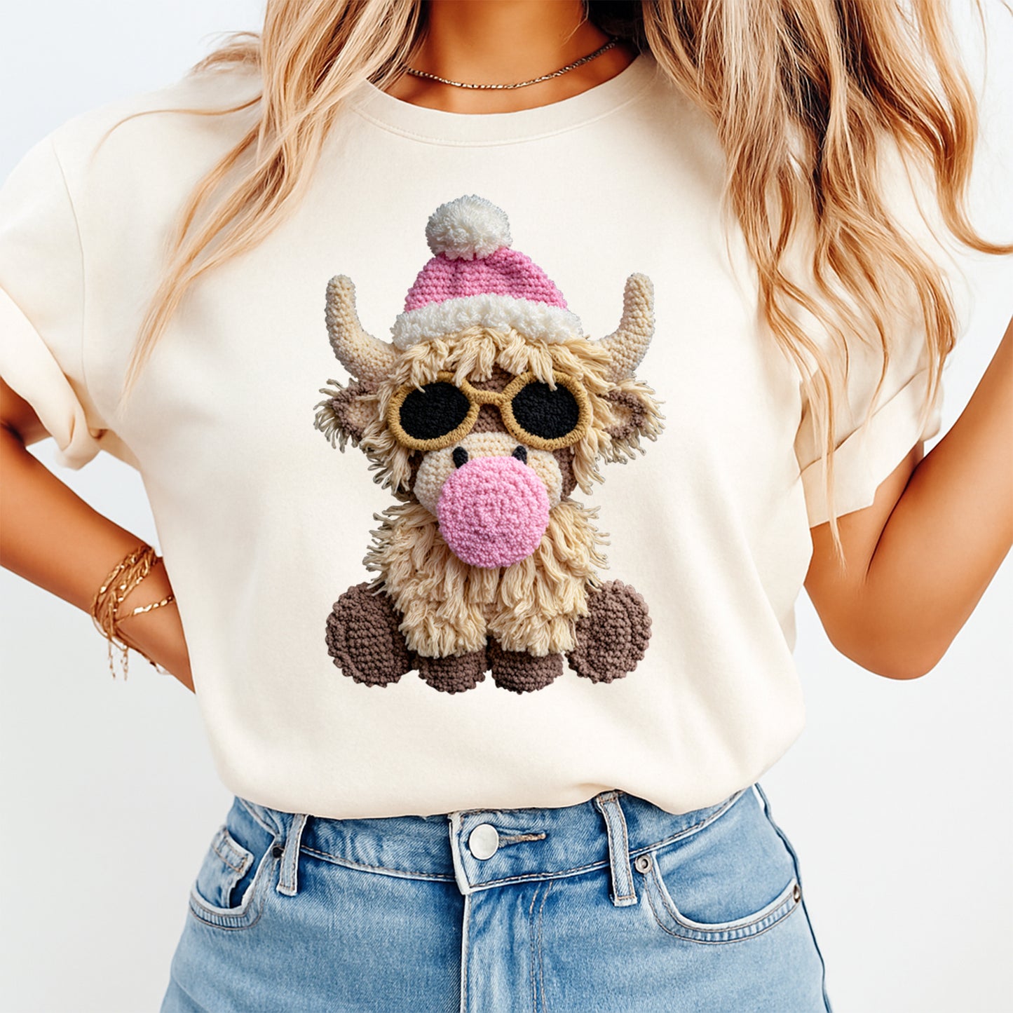 Christmas Crochet Highland Cow with Pink Hat DTF Transfer – Ready to Press Iron On Heat Transfer for DIY Christmas Shirts 12215