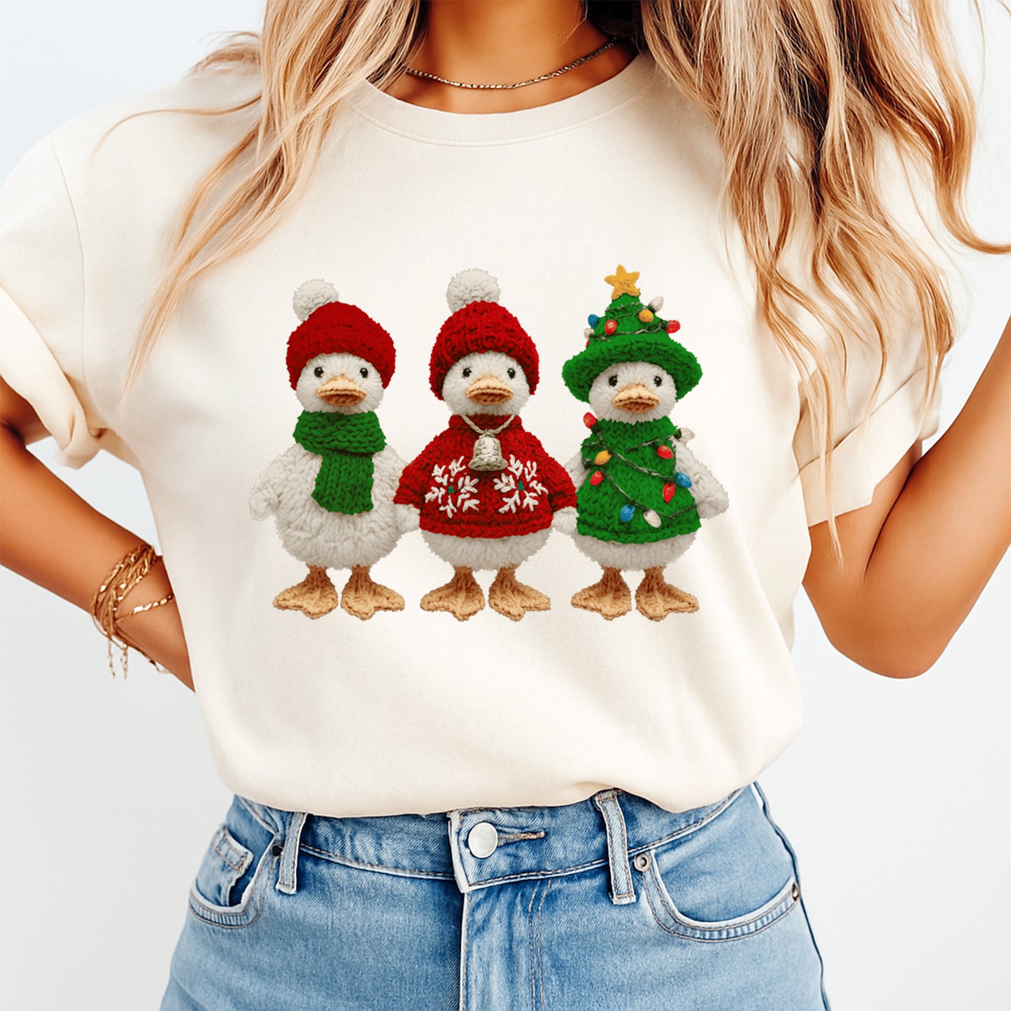 Christmas Crochet Ducks Trio in Festive Outfits DTF Transfer – Ready to Press Iron On Heat Transfer for DIY Christmas Shirts 12216