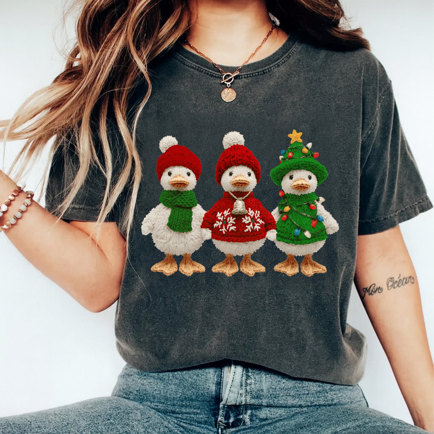 Christmas Crochet Ducks Trio in Festive Outfits DTF Transfer – Ready to Press Iron On Heat Transfer for DIY Christmas Shirts 12216