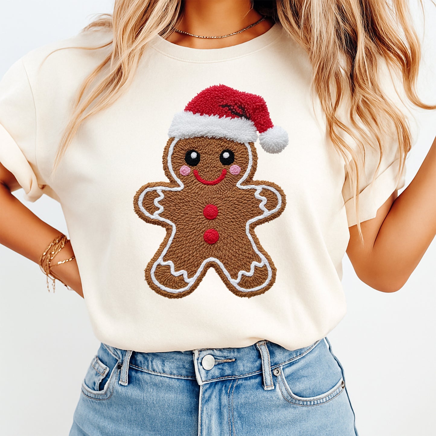 Christmas Gingerbread Cookie with Santa Hat DTF Transfer – Ready to Press Iron On Heat Transfer for DIY Christmas Shirts 12217