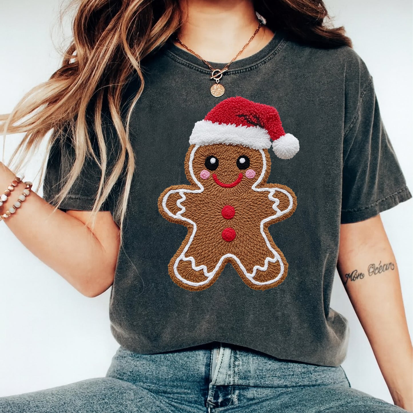 Christmas Gingerbread Cookie with Santa Hat DTF Transfer – Ready to Press Iron On Heat Transfer for DIY Christmas Shirts 12217