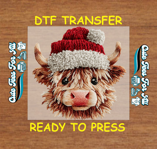 crochet highland cow with santa hat ready to press dtf iron on heat transfer for diy christmas shirts
