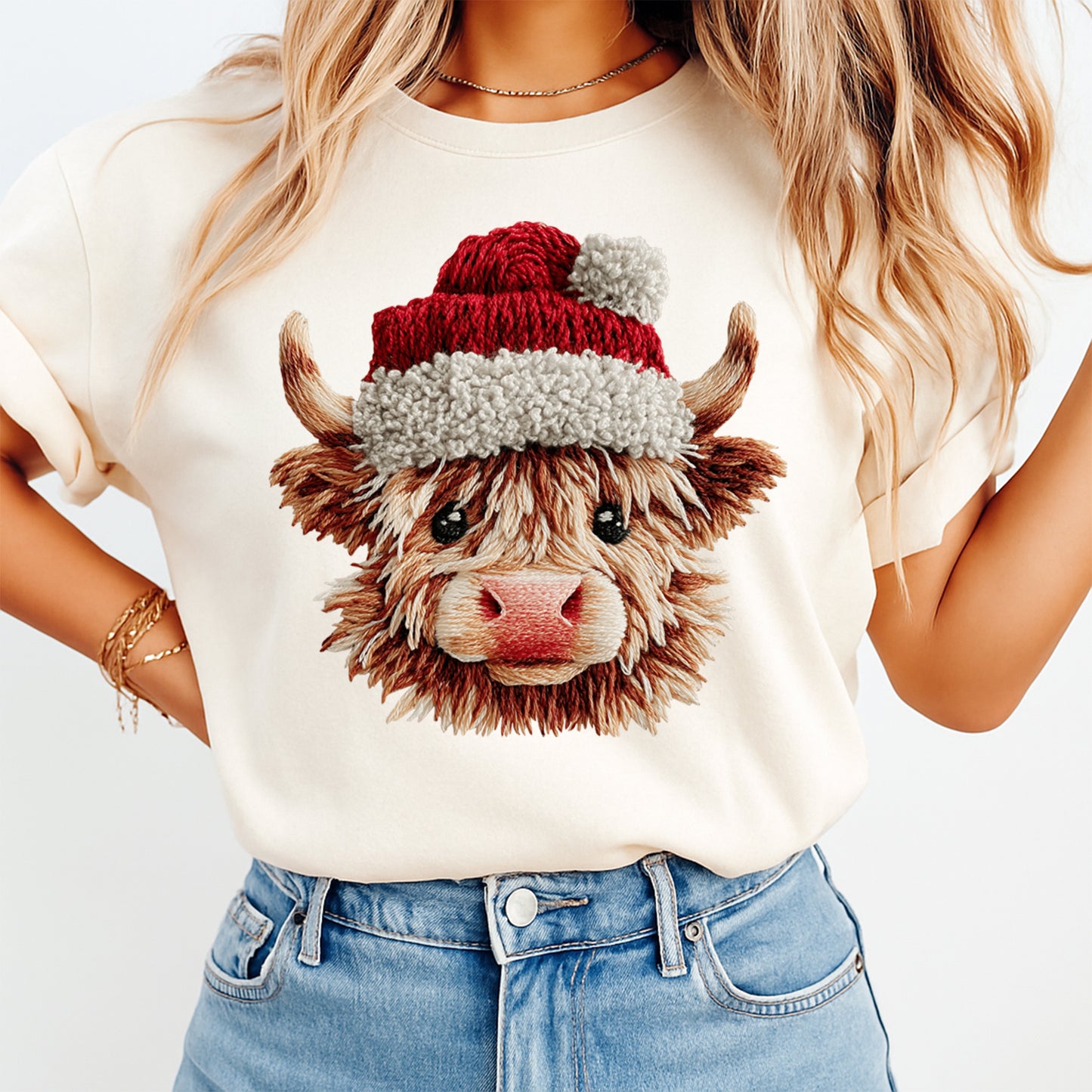 Christmas Highland Cow with Santa Hat DTF Transfer – Ready to Press Iron On Heat Transfer for DIY Christmas Shirts 12218