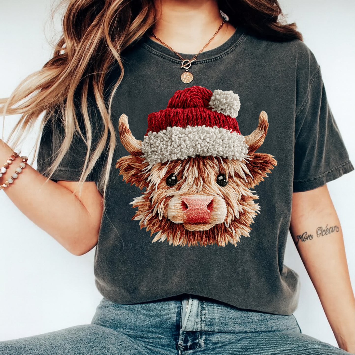 Christmas Highland Cow with Santa Hat DTF Transfer – Ready to Press Iron On Heat Transfer for DIY Christmas Shirts 12218