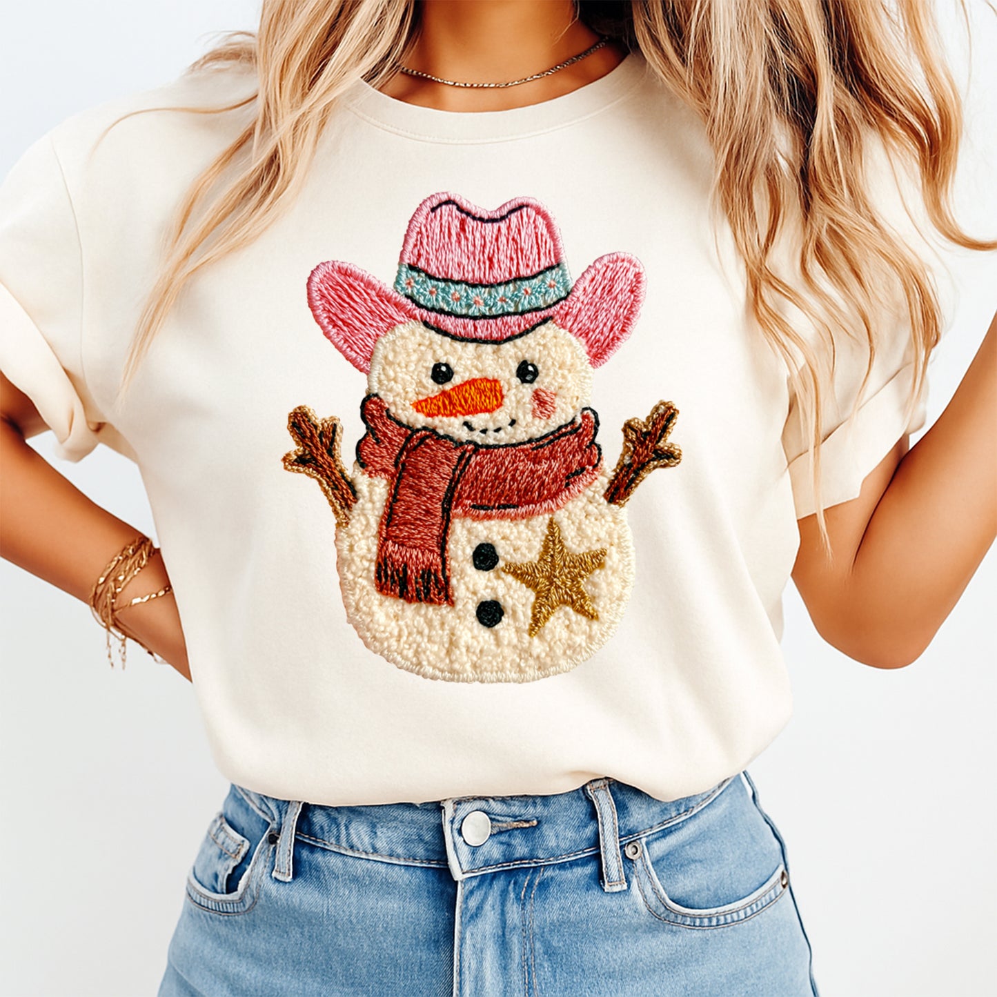 Western Christmas Snowman with Cowboy Hat DTF Transfer – Ready to Press Iron On Heat Transfer for DIY Christmas Shirts 12219