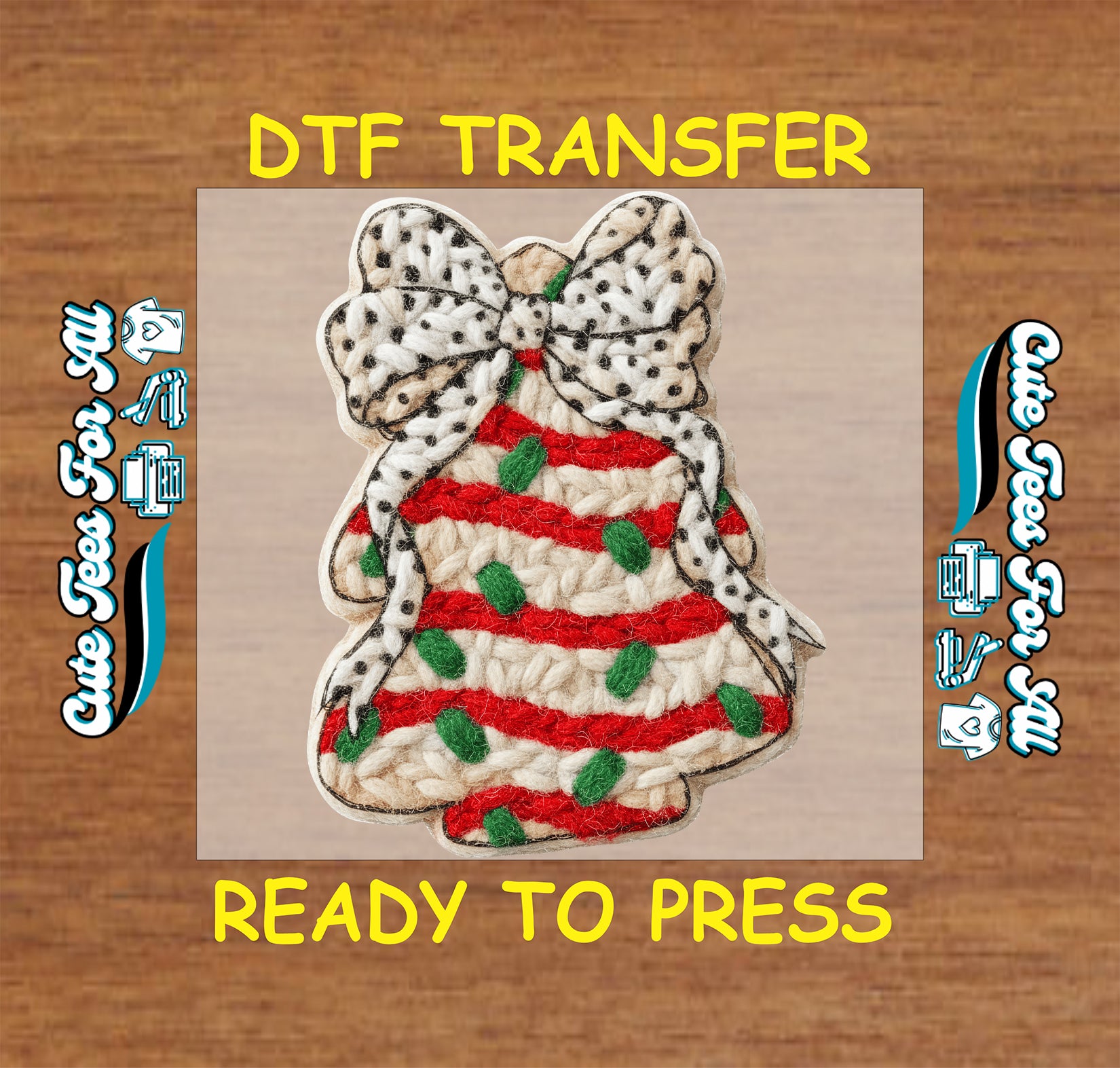 crochet christmas tree with polka dot bow ready to press dtf iron on heat transfer for diy christmas shirts