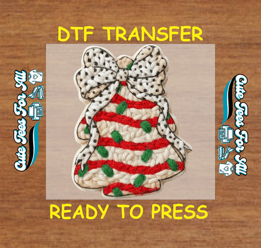 crochet christmas tree with polka dot bow ready to press dtf iron on heat transfer for diy christmas shirts