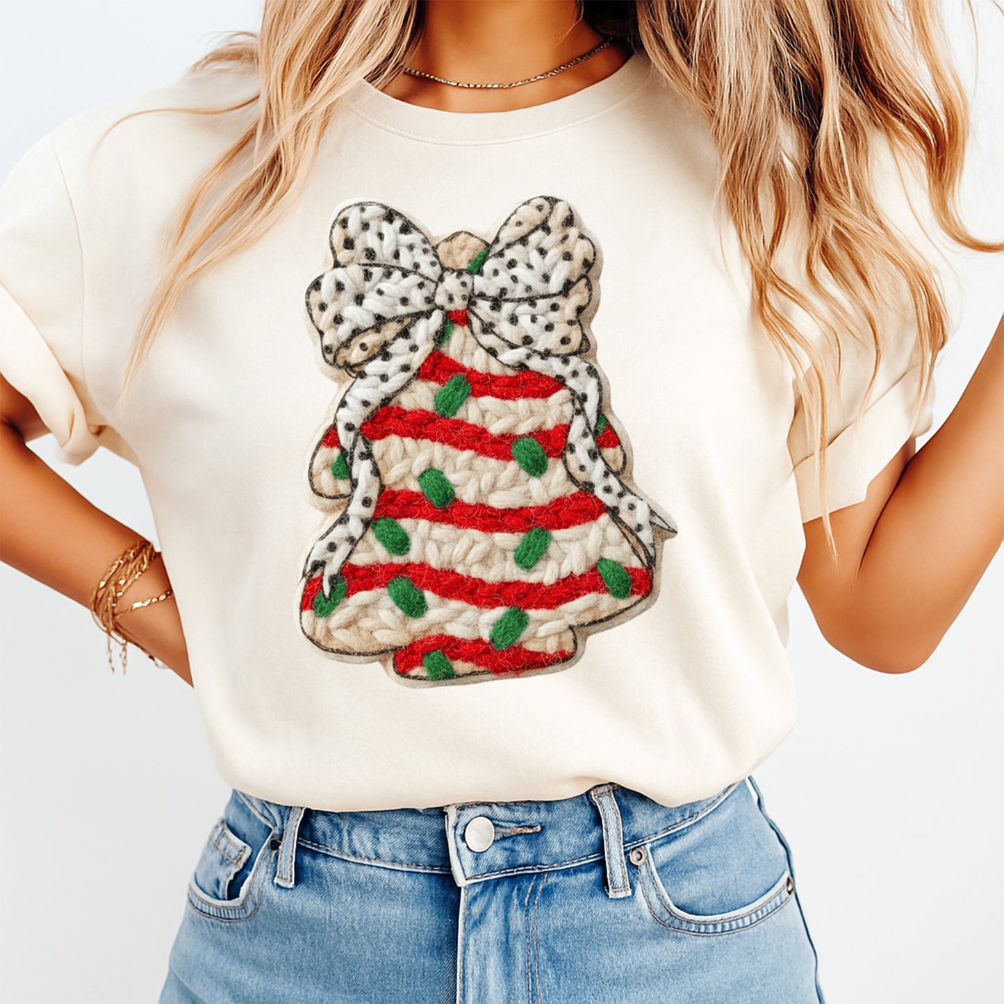 Christmas Tree with Polka Dot Bow DTF Transfer – Ready to Press Iron On Heat Transfer for DIY Christmas Shirts 12220