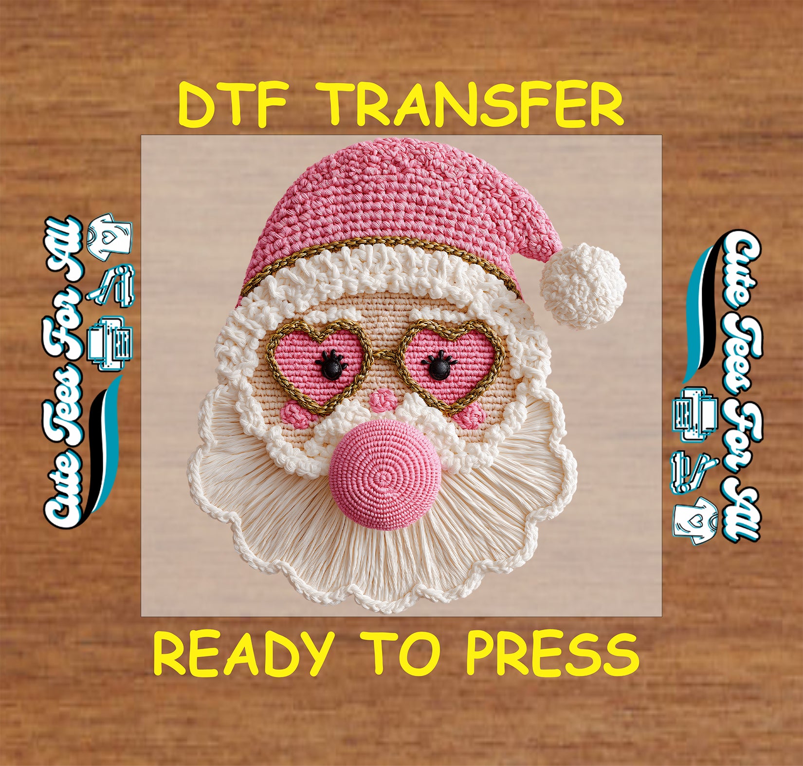 pink santa with heart glasses crochet style ready to press dtf iron on heat transfer for diy christmas shirts