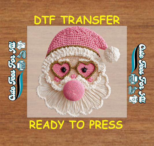 pink santa with heart glasses crochet style ready to press dtf iron on heat transfer for diy christmas shirts