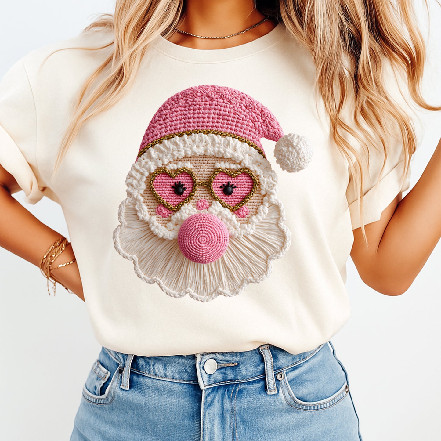 Girly Pink Santa Heart Glasses DTF Transfer – Ready to Press Iron On Heat Transfer for DIY Christmas Shirts 12221