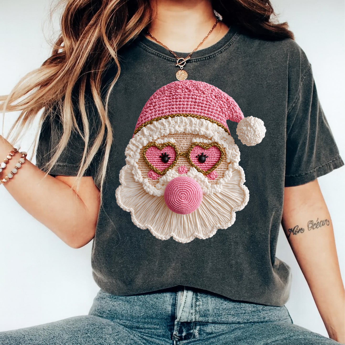 Girly Pink Santa Heart Glasses DTF Transfer – Ready to Press Iron On Heat Transfer for DIY Christmas Shirts 12221