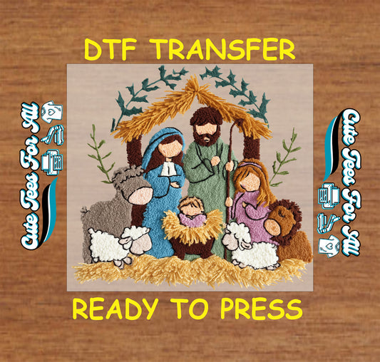 Christmas nativity scene yarn-art graphic with holy family and sheep, ready to press dtf transfer iron on heat transfer for DIY Christmas shirts