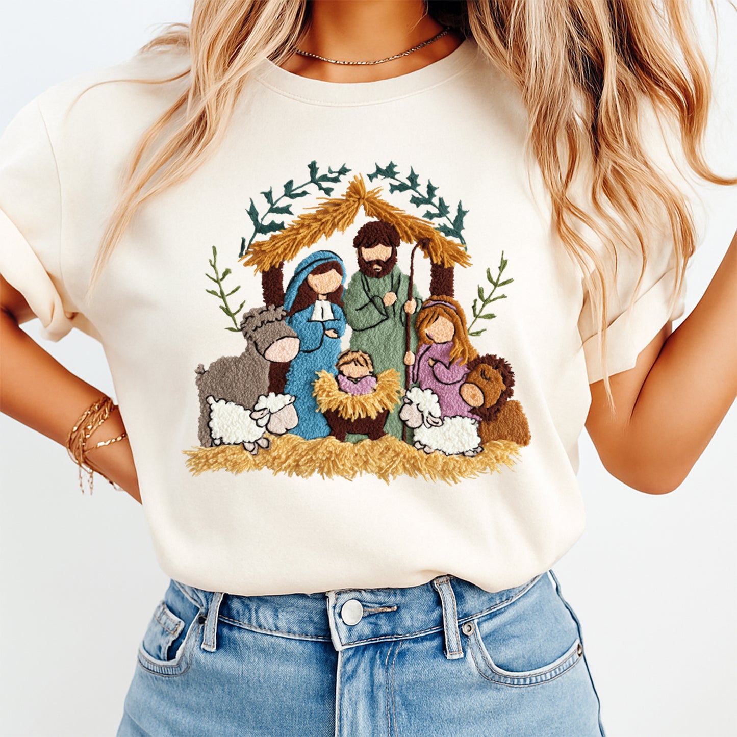 Christmas Nativity Scene Crochet Yarn Art DTF Transfer – Ready to Press Iron On Heat Transfer for DIY Christmas Shirts 12222