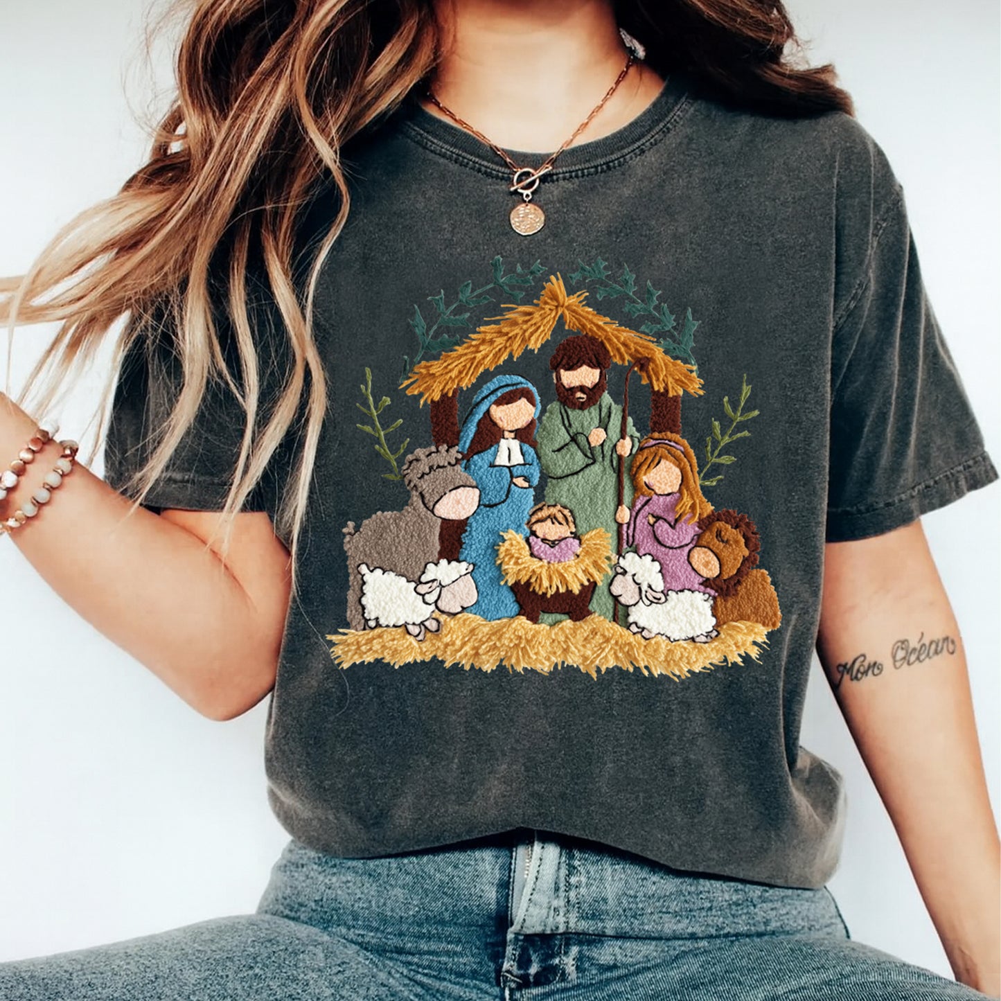 Christmas Nativity Scene Crochet Yarn Art DTF Transfer – Ready to Press Iron On Heat Transfer for DIY Christmas Shirts 12222