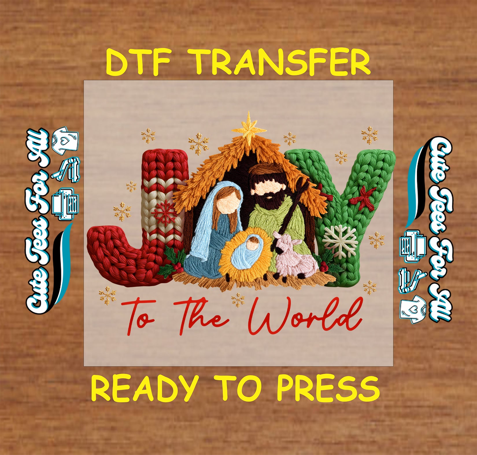 joy nativity christmas yarn style graphic with holy family star ready to press dtf transfer for diy christmas shirts