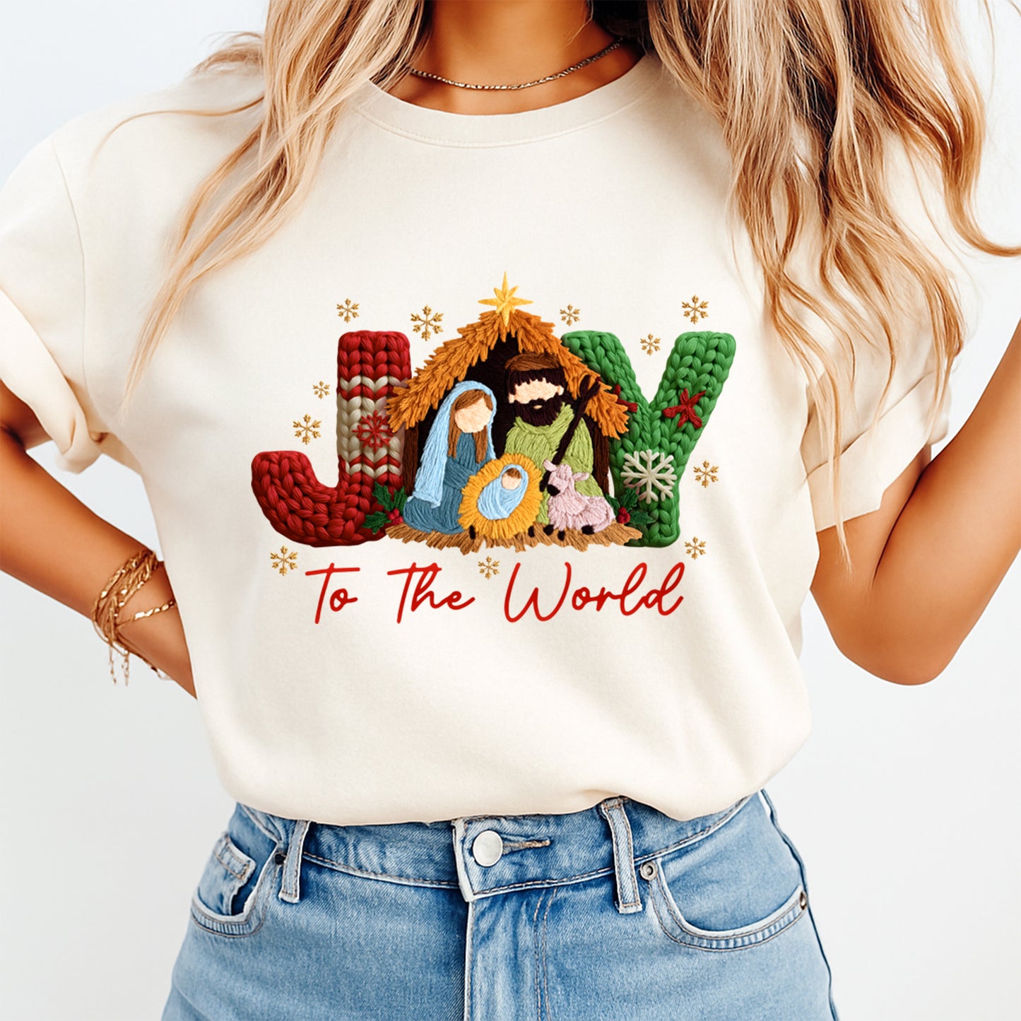 Christmas Joy Nativity Yarn Art DTF Transfer – Ready to Press Iron On Heat Transfer for DIY Christmas Shirts 12223