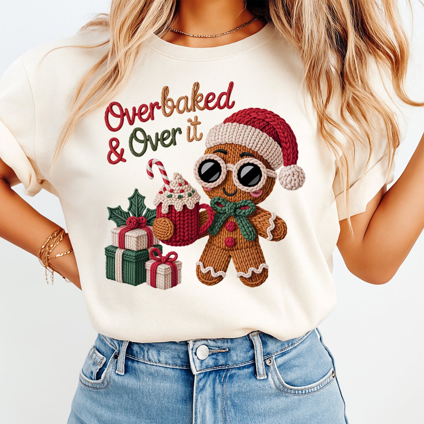 Christmas Gingerbread Overbaked Yarn Art DTF Transfer – Ready to Press Iron On Heat Transfer for DIY Christmas Shirts 12224
