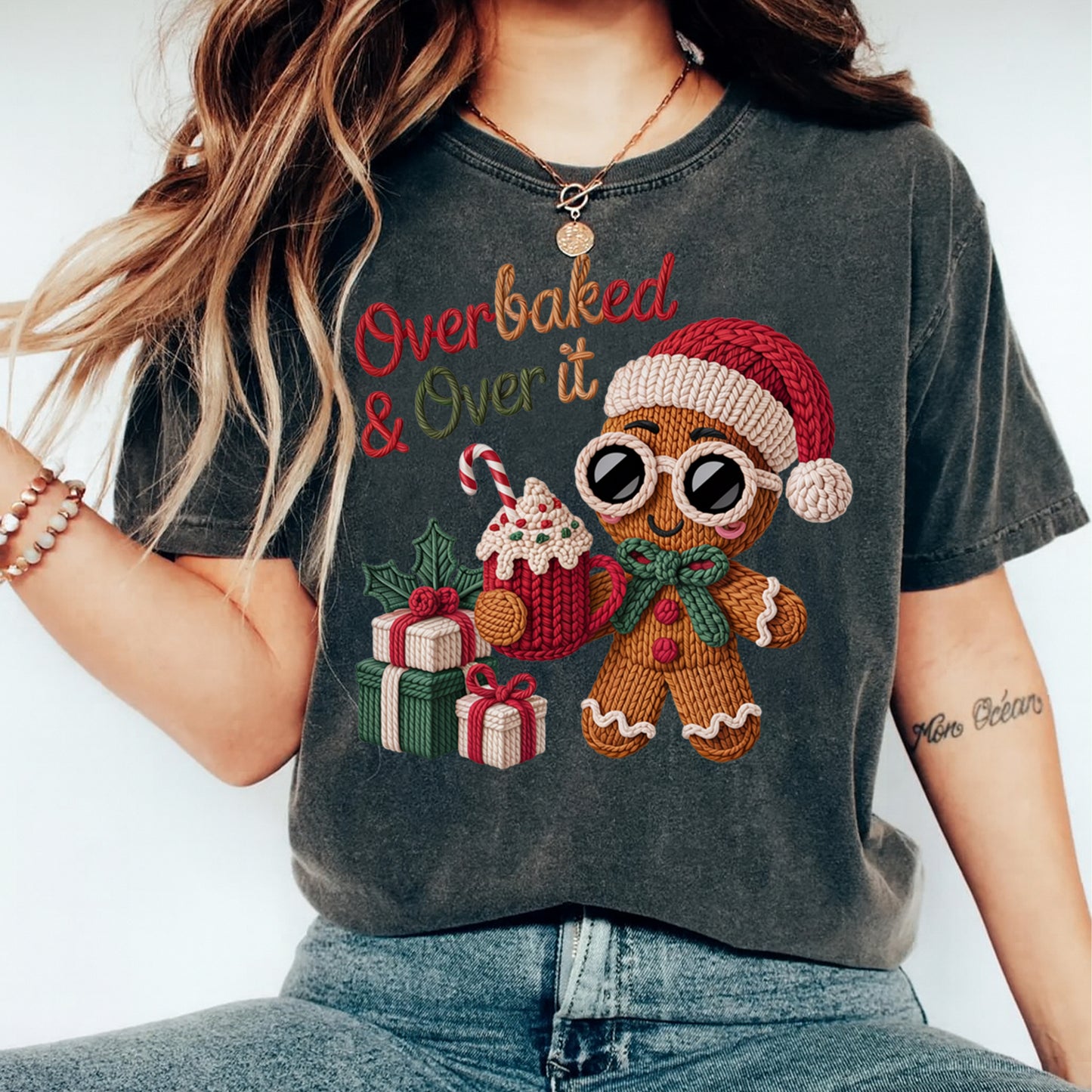 Christmas Gingerbread Overbaked Yarn Art DTF Transfer – Ready to Press Iron On Heat Transfer for DIY Christmas Shirts 12224