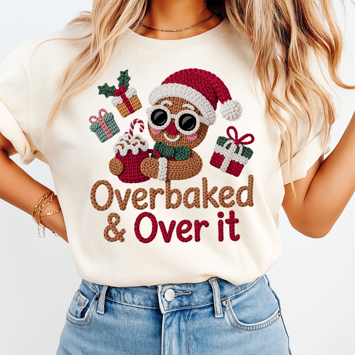 Christmas Gingerbread Overbaked Yarn Art DTF Transfer – Ready to Press Iron On Heat Transfer for DIY Christmas Shirts 12225