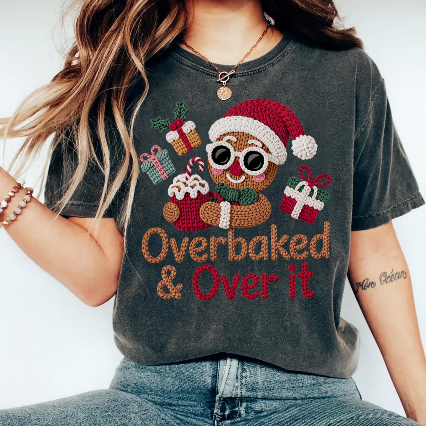 Christmas Gingerbread Overbaked Yarn Art DTF Transfer – Ready to Press Iron On Heat Transfer for DIY Christmas Shirts 12225