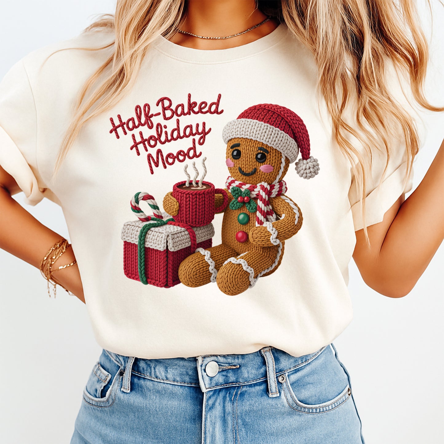 Christmas Gingerbread Half Baked Yarn Art DTF Transfer – Ready to Press Iron On Heat Transfer for DIY Christmas Shirts 12226