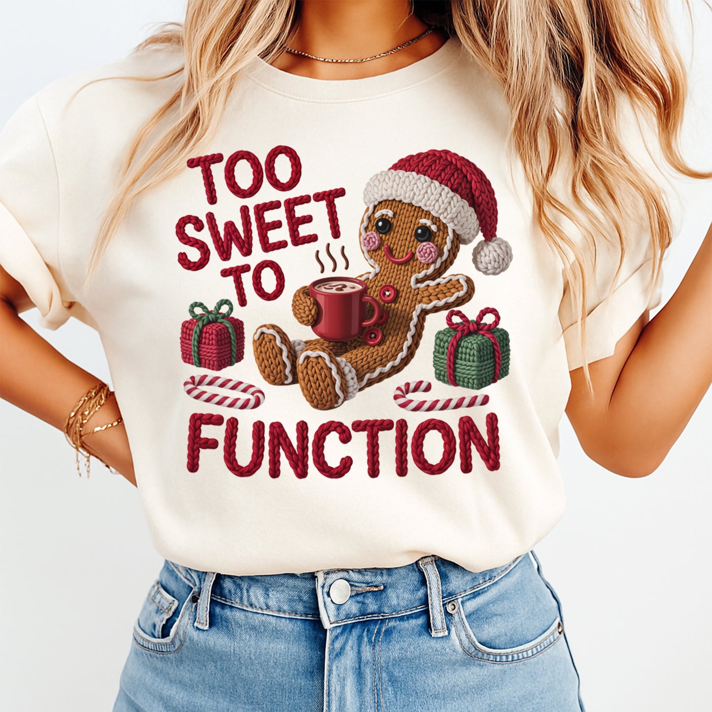 Christmas Gingerbread Too Sweet Yarn Art DTF Transfer – Ready to Press Iron On Heat Transfer for DIY Christmas Shirts 12227