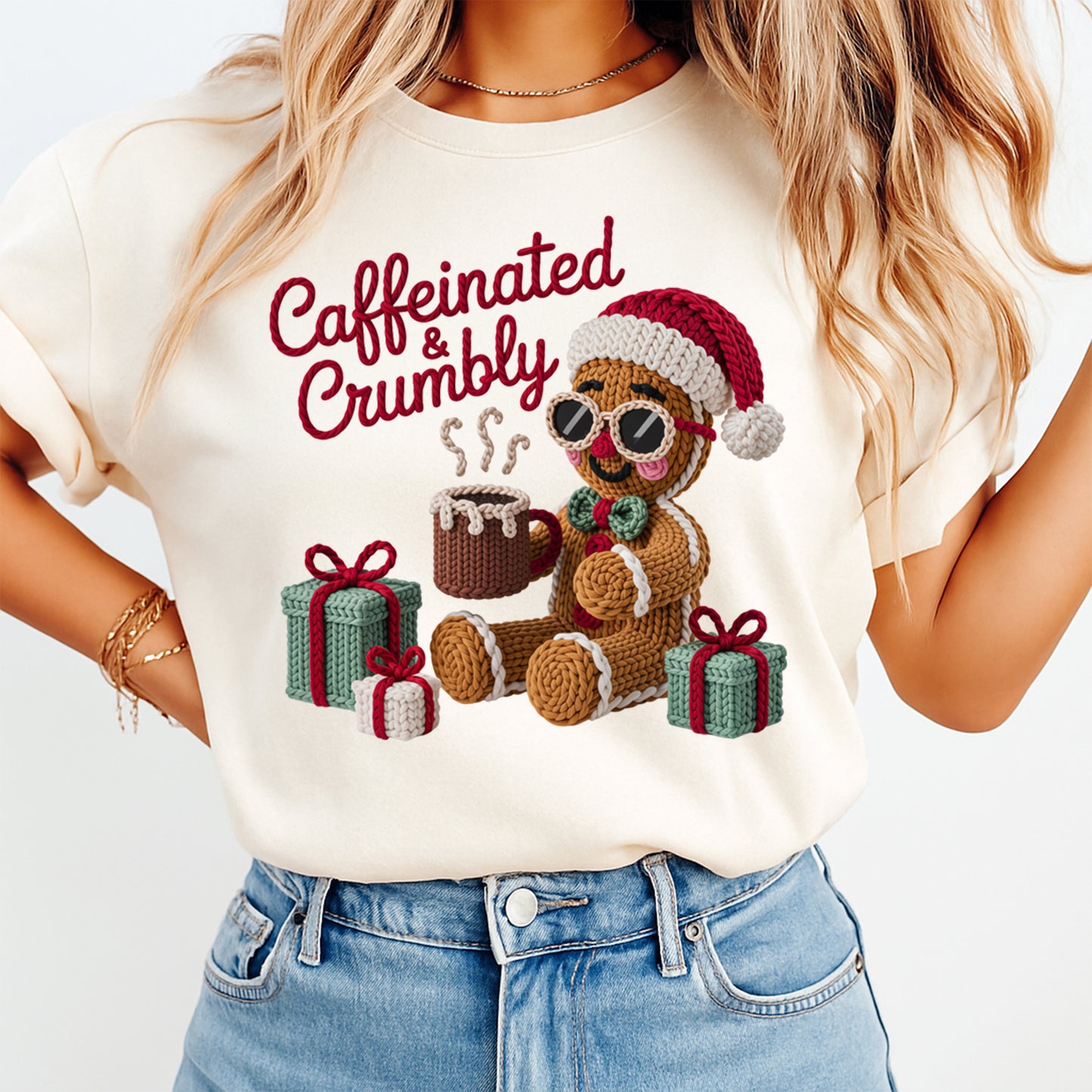 Christmas Gingerbread Caffeinated Yarn Art DTF Transfer – Ready to Press Iron On Heat Transfer for DIY Christmas Shirts 12228