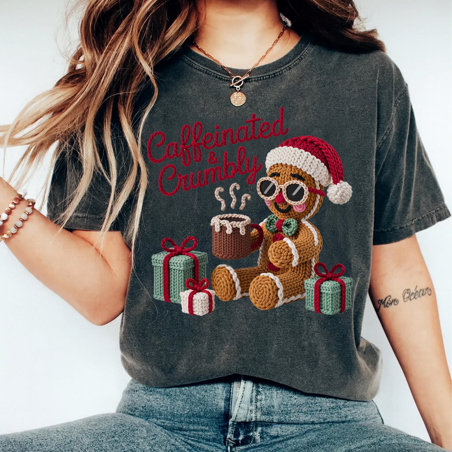 Christmas Gingerbread Caffeinated Yarn Art DTF Transfer – Ready to Press Iron On Heat Transfer for DIY Christmas Shirts 12228