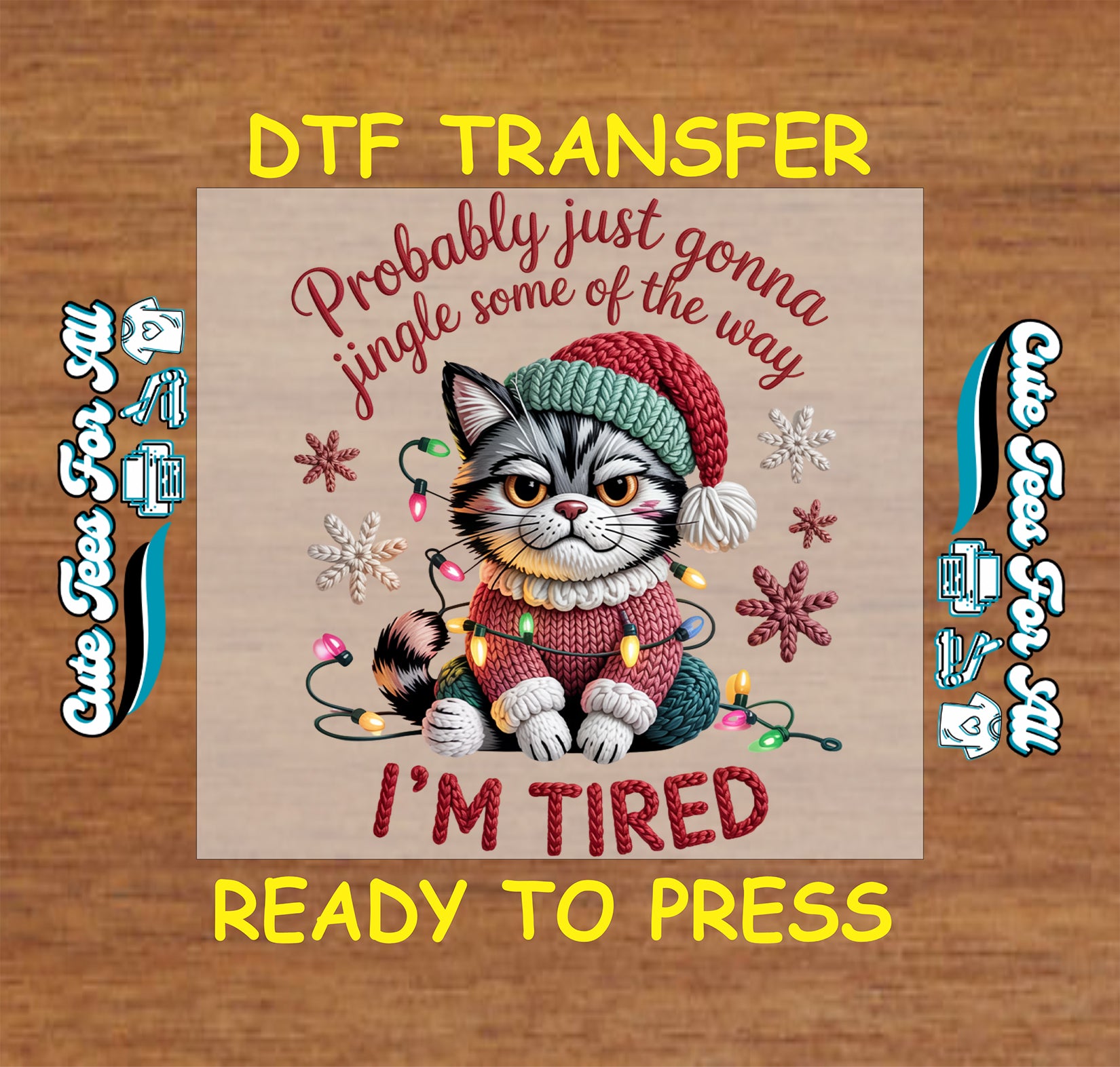 funny tired christmas cat yarn style jingle quote ready to press dtf transfer for diy christmas shirts