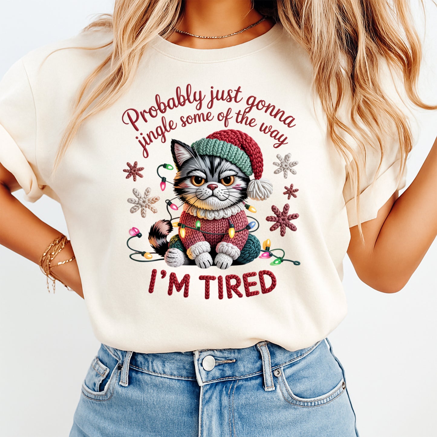 Christmas Cat Jingle Tired Yarn Art DTF Transfer – Ready to Press Iron On Heat Transfer for DIY Christmas Shirts 12230