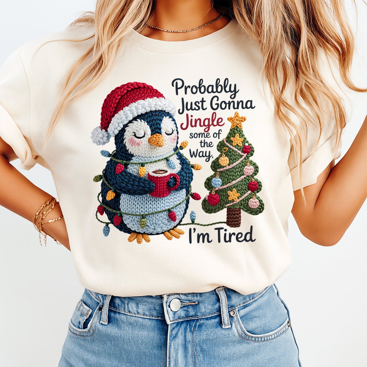 Christmas Penguin Jingle Tired Yarn Art DTF Transfer – Ready to Press Iron On Heat Transfer for DIY Christmas Shirts 12232