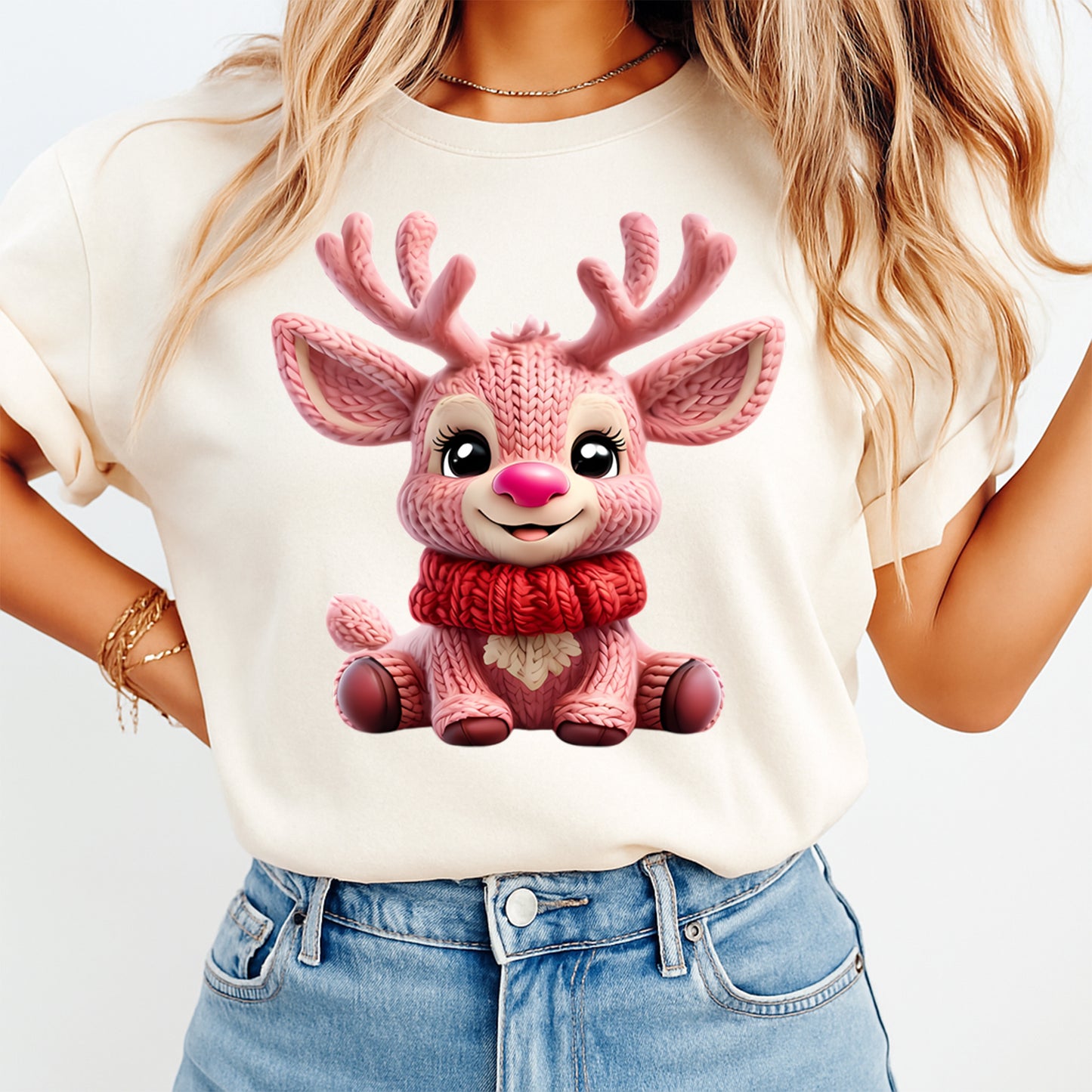 Christmas Pink Reindeer Yarn Art DTF Transfer – Ready to Press Iron On Heat Transfer for DIY Christmas Shirts 12234