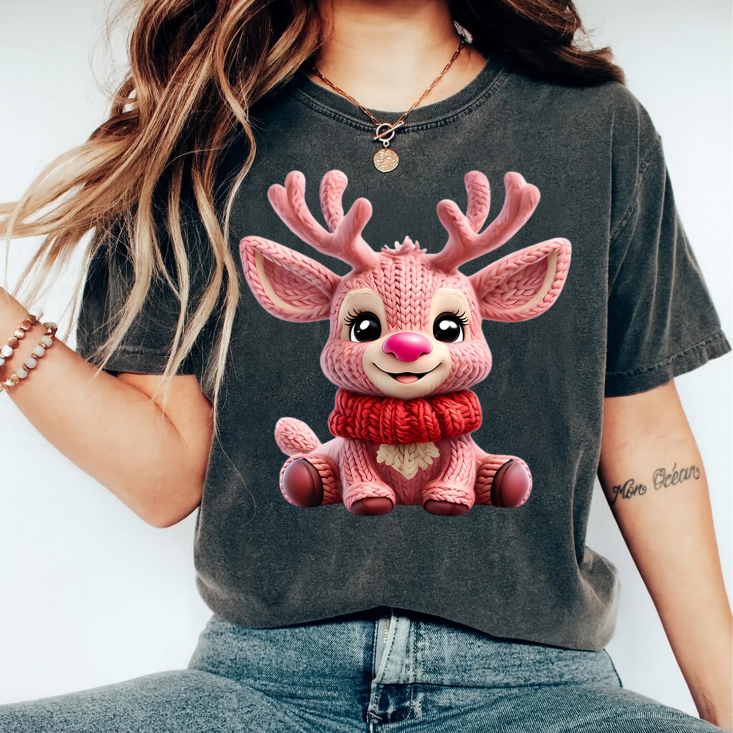 Christmas Pink Reindeer Yarn Art DTF Transfer – Ready to Press Iron On Heat Transfer for DIY Christmas Shirts 12234