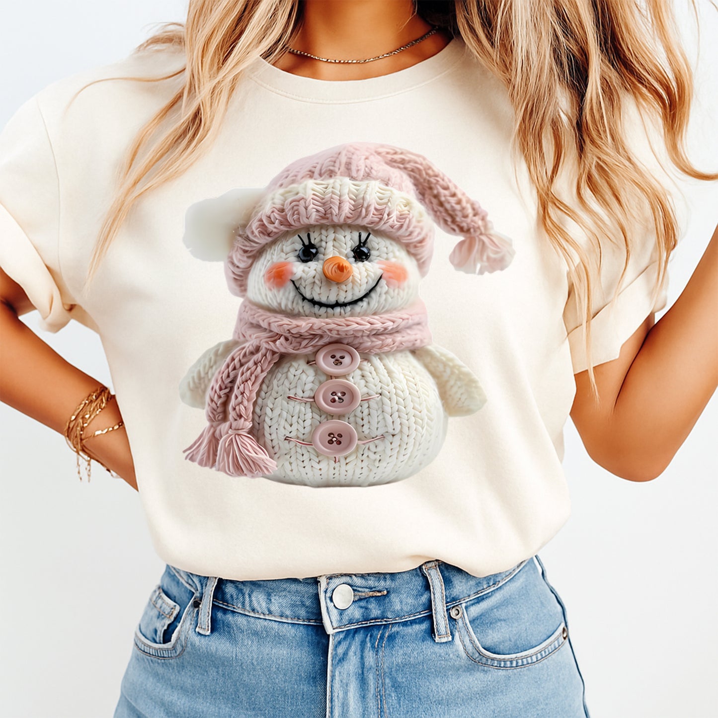 Christmas Pink Snowman Yarn Art DTF Transfer – Ready to Press Iron On Heat Transfer for DIY Christmas Shirts 12235